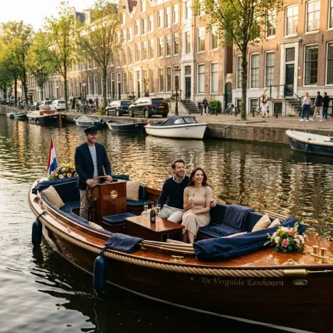 Symbolbild eines kleinen Bootes auf Amsterdams Grachten